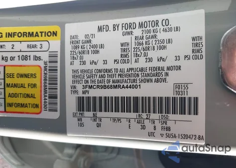 2021 Ford Bronco Sport Big Bend z USA, uszkodzony, nr VIN 3FMCR9B68MRA44001